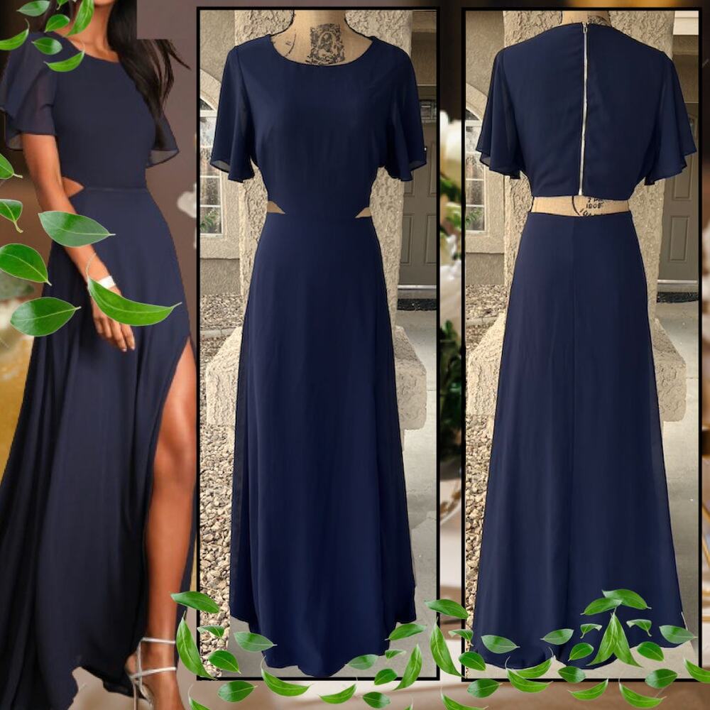 Lulus Chiffon Navy Blue Back Cutout Maxi Dress Size M
